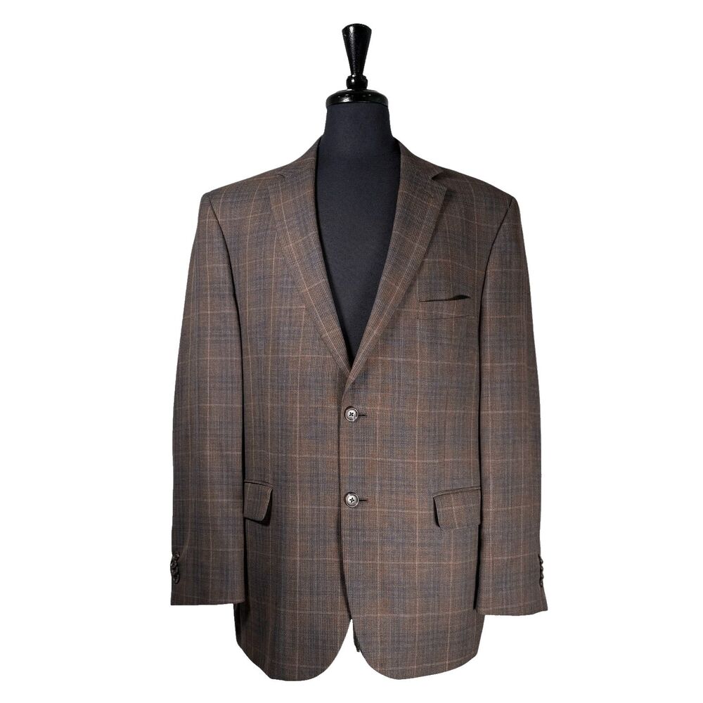 Jos A Bank Reserve Chelsea Blazer Mens 46R Brown Windowpane Silk Wool Sport Coat